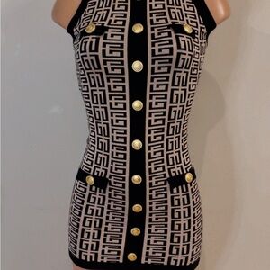 Black and Gold Bodycon Mini Dress with Halter Neckline for Night Out